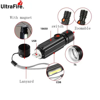 USB COB LED darbo šviesos teleskopinis žibintuvėlis baterija 18650 žibintuvėlį, fakelą, šviesos, blykstės šviesos magnetinis priekinis žibintas žibintuvėlis blsk