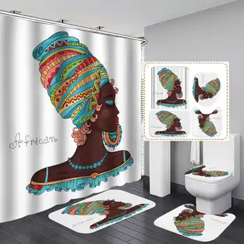 Afrikos moteris Spausdinti Dušo Užuolaidos 4 Gabalas kiliminė danga Padengti Tualeto Dangčio Vonios Kilimėlis Pad Set Vonios Užuolaida su 12 Kabliukų