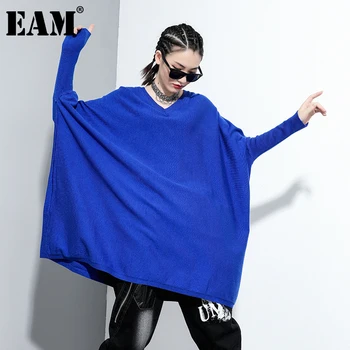 [EAM] Mėlyna Trumpa Didelis Dydis Mezgimo Megztinis Loose Fit V-Kaklo, ilgomis Rankovėmis Moterims Puloveriai Naujas Mados Rudens-Žiemos 2021 1Z842