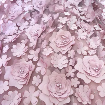 Išskirtinį 3D Gėlių Pearl Puošnios Nėrinių Audinys, Vestuvinės Suknelės Tiulio Tinklelio, Nėrinių Audinys 1 Kiemas Nemokamas Pristatymas