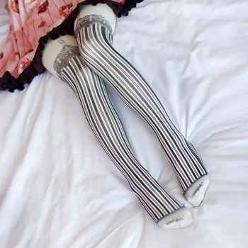 Japonijos saldus Gotikos vėjo dryžuotos kojinės Lolita punk pėdkelnės studentų netikrą dirželis nėrinių kojinės spausdinti