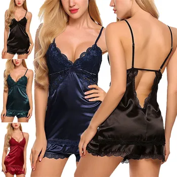 2018 Ponios Sexy Šilko Satino Naktį naktiniai marškinėliai be Rankovių su V-kaklo Pižamą Nightdress Nėrinių Sleepwear naktiniai drabužiai Moterims