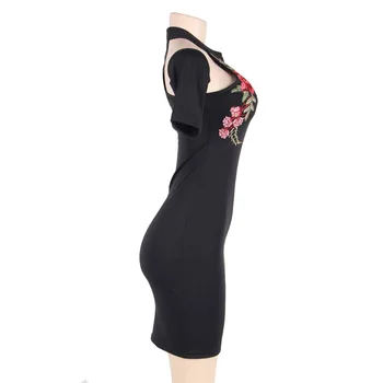 Biuro Mini Suknelės Elegantiškas Ponios Rožės Siuvinėjimo Juoda Bodycon Suknelė Šalto Pečių Šalis Suknelės, Didelių Dydžių Moteris R80495