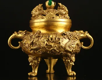 Kinijos Žalvario Dragon smilkalų degiklis su jade perlų karoliukais dangčio xuan de pažymėti