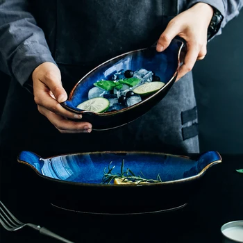 KINGLANG Klin Mėlyna Valtis formos plokštelė, keramikos ilgai žuvies dubuo kepimo sūrio dubenėlyje patiekalas