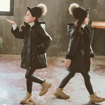 Žiemos Mergaičių Švarkai 2019 Gobtuvu Pu Oda, Kailis Vaikų Parkas Atsitiktinis Tirštėti Šiltas Vaikams Drabužių Outwear Mergaičių Paltai Kamšalu