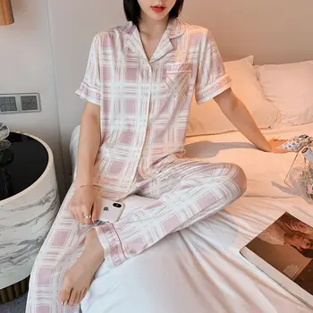 2020 Metų Vasaros, Nauja Pižama Moterų Ledo Šilko Marškinėliai, Kelnės Korėjos Grotelės Sleepwear Drabužiai