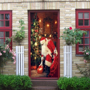 Kalėdų Durų Lipdukas 3D Durų Apdailos Santa Claus Lipni, Vandeniui atspari Pvc Tapetai Sienos Meno Freskos Dizaino Namų Dekoro