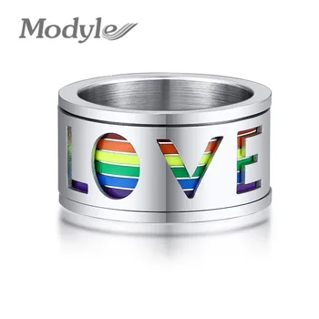 Modyle Stambusis 11mm Vertino Vyrų Žiedas Emalio Vaivorykštė Linijos Piršto Juostos Pasukti Tuščiaviduriai Nerūdijančio Plieno MEILĖS LGBTQ Papuošalai