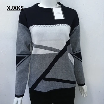 XJXKS Naujų 2020 m. moterims megztiniai ir puloveriai; apvalios kaklo, ilgomis rankovėmis megztinis (puloveris lady; geometrinė megztas megztinis