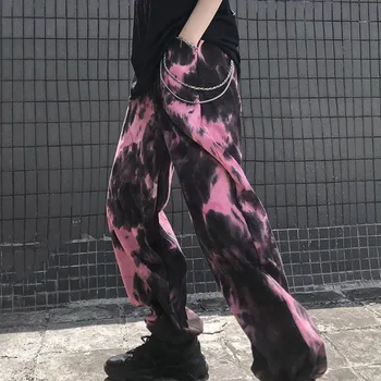 Punk Stiliaus Kaklaraištis Dažų Kelnės Moterims, Negabaritinių Kelnės Atsitiktinis Kišenę Laisvus Haremo Kelnės Hip-Hop Nuosėdos Merginos Prarasti Kietas Streetwear