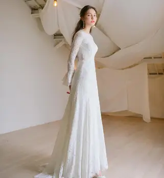 Nėriniai Ilgai Trimitas Rankovėmis Vestuvių Suknelė Elegantiškas Pigūs A-Line Bridal Gown Sužadėtuvių Suknelė Fotografijos Nemokamas Pristatymas 1349#
