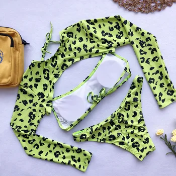 2021 ilgomis rankovėmis Neoninė Žalia Leopard bikini moterims bikini maudymosi kostiumėlį nustatyti seksualus maudymosi kostiumėliai, moterų Brazilijos maudymosi kostiumą plaukti paplūdimio drabužiai