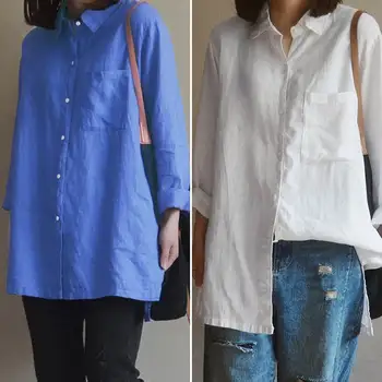 2021 m. Pavasario Balta Darbą Marškinėliai Moterims Atsitiktinis ilgomis Rankovėmis Atvartas Palaidinė ZANZEA Negabaritinių Medvilnės Moterų Blusas Mygtukai Tunika Chemise