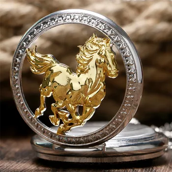 Išskirtinį Važiavimo Golden Horse Kvarco Kišenėje Žiūrėti Sidabro Karoliai Grandinės Tuščiaviduriai Pusė Medžiotojas Karoliai Pakabukas Laikrodis Vyrams, Moterims