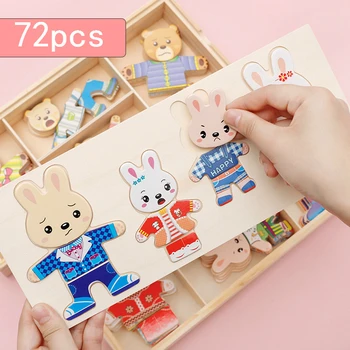 72 Vnt 3 Stilius Little Bear Rabbit Padažu Pakeisti Medinė Dėlionė Baby Švietimo Žaislai Vaikams 3 Metų Animacinių Filmų Gyvūnų Žaidimai Dovanų