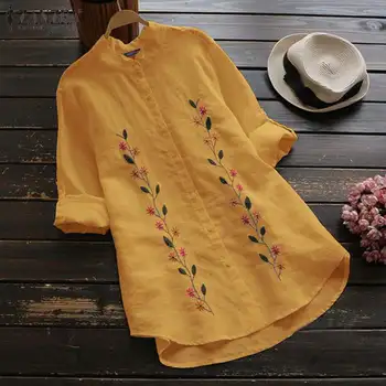 ZANZEA Moterų Siuvinėjimo Palaidinė Kaftan ilgomis Rankovėmis Marškinėliai Moteriška Atvartas Gėlių Blusas Moterų Atsitiktinis Mygtuką Tunika Plius Dydis Viršūnes 5X