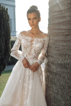 Verngo Derliaus Šviesos Šampano Nėrinių Aplikacijos Vestuvių Suknelė Ilgomis Rankovėmis Vien Kaklo Tiulio Princesė Linijos, 2021 Nuotakos Suknelės
