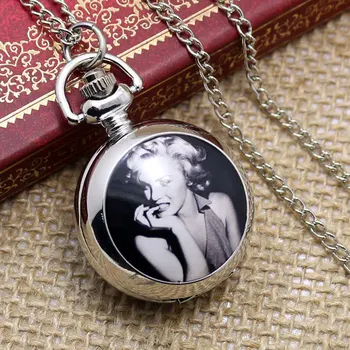 Karšto pardavimo didmeninės ponios mens Naujas Antikvariniai Mini Pocket Watch Marilyn Monroe Seksualumas Apranga Su Grandinės P597