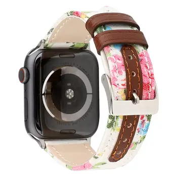Spalvinga Gėlių Spausdinti Gėlių PU Oda Žiūrėti Dirželis iWatch 4 3 2 1 44/40mm 42/38mm Apple Watch Band Jean Audinio Kilpos