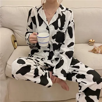Atvartas Seksualus Megztinis Pižama Saldaus Karvės Medvilnė Modelis Homewear Patogi Pižama Moterų 2020 M. Rudenį Naujų Šilko Pižama Moterims