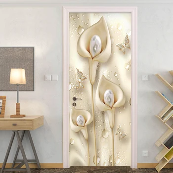 Europos Stiliaus 3D Stereo Gėlės Calla Pearl Durų Lipdukas Gyvenimo Kambario, Miegamasis Prabangių Namų Dekoro, Sienų Lipdukai PVC Tapetai 3 D