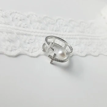 [MeiBaPJ]2018 nauji Aukštos kokybės žiedas 5-6mm mažų natūralių gėlavandenių perlų papuošalai 925 sterlingas sidabro reguliuojamas žiedas moterims