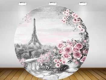 Apvalus ratas fone Aliejaus tapybai Eifelio Bokštas gėlių Fonas baby shower vaikams gimtadienio stalo Apima apdailos YY-472