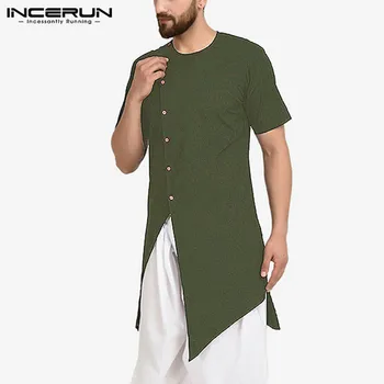 INCERUN Vyrų Indijos Drabužiai, Marškinėliai Kieto Spalvų 2021 trumpomis Rankovėmis Mygtuką Derliaus Kurtas Streetwear Musulmonų Nereguliarus Ilgai Marškinėliai Vyrams