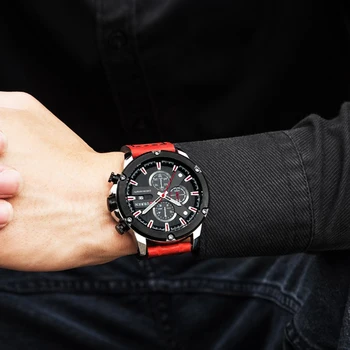 CURREN raudoni odiniai sporto vyrų laikrodžiai mados atsitiktinis kvarco žiūrėti vyrų chronografas atsparumas vandeniui riešo žiūrėti relojes montre homme