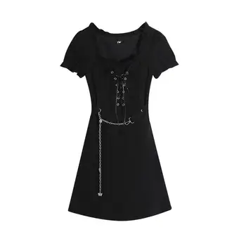 Trumpomis Rankovėmis Suknelė Moterims, Juodos spalvos Dirželis Aikštėje-apykaklės Puff-sleeve Grandinės Cool Girl Apibrėžta-juosmens Stilingas Gatvės-dėvėti korėjos stiliaus