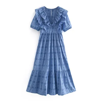 Vasaros Za skraiste Suknelė Moterims Vintage Blue Siuvinėjimo Maxi Pynimas Suknelė trumpomis Rankovėmis Moteriška Elegantiškas Tuščiaviduriai Iš Seksualios Suknelės, Šaliai