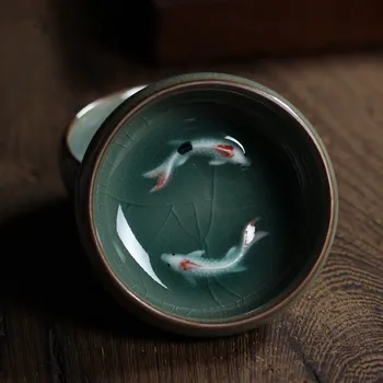 [GRANDNESS] Kinijos Longquan spalvos jūros vandens Porceliano Kinija Teacup ir Puodelį Arbatos Dubenėlį su Aukso Žuvys 60ml spalvos jūros vandens Crackle Teacup