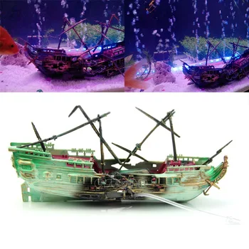 LeChong Akvariumo žuvų bako apdailos dervos piratų laivas senovės sudužimas deguonies skatinančių žaislų žuvų ir krevečių paslėptas grotto
