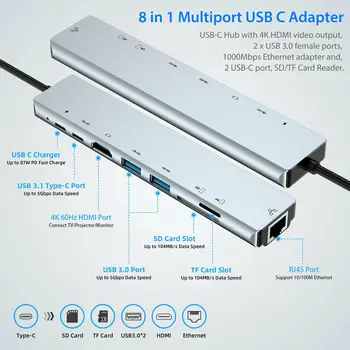 8 in1 USB-C Tipo-C Dual USB 3.0 Hub HDMI, RJ45, Ethernet Micro SDTF OTG Adapteris