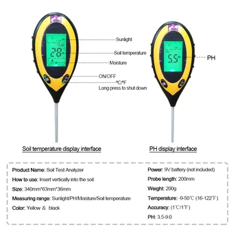 Dirvožemio maistinių medžiagų testeris LCD Dirvožemio PH Matuoklis Drėgmės matuoklis Temperatūros, Saulės šviesos Intensyvumo matavimo Žemės ūkio Dirvos Rūgštingumas