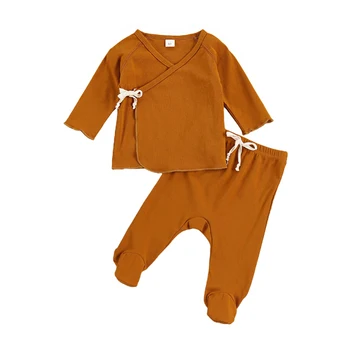 0-6M Naujagimiui Kūdikio Sleepwear Kostiumas ilgomis Rankovėmis Nėriniai-up Megztinis Viršuje Suvynioti Pėdų Ilgio Kelnes 2vnt Apranga Rinkinys