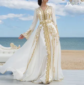 Baltos Spalvos Šifono Prabangių Vakarinių Suknelių Aukso Nėrinių Appliques Maroko Kaftan Dubajus Mamos Suknelė Arabų Musulmonų Ypatinga Proga