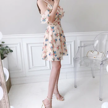 2020 elegantiškas Saldus Gėlių spausdinti Pynimas Spageti Dirželis Šifono-line Slim Trumpas Šalies Klubas vasaros suknelė