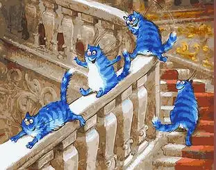 Keturios mėlynos katės žaidžia ant laiptų gyvūnų Nustatyti tapybos numerius ant drobės, sienos nuotraukas kambarį namų dekoro