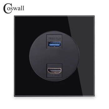 Coswall Black Crystal Grūdintas Stiklas Pultas HDMI-2.0 suderinamas Prievadas USB 3.0 Lizdą Sienoje Elektros kištukinis Lizdas, AC 110~250V R11 Serija