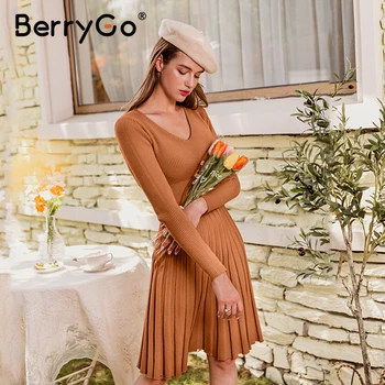 BerryGo Elegantiškas, kietas slim-line moterų megztinis suknelė su V-kaklo, ilgomis rankovėmis plisuotos megzti suknelę Office rudens žiemos vidurio suknelė