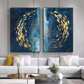 Abstrakti Aukso Žuvys Kinų Tapybos Drobės Big Blue Plakato spauda Prabangus Sienos Meno kambarį Eilėje Aukso tableaux Nuotrauką