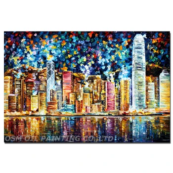 Profesionalaus Menininko Ranka-dažytos Aukštos Kokybės, Spalvinga Honkongo Naftos Tapyba ant Drobės Abstrakčiai Honkongo Peizažas