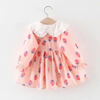 Vaikai Mergina Suknelės Baby Girl Ilgomis Rankovėmis Lėlės Apykaklės Braškių Spausdinti Suknelė Vasaros Mielas Princesė Šalis Suknelė+Fox Pečių Maišą