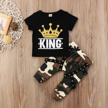 Mados Bamblys Vaikams, Kūdikių Berniukų Karalius Viršūnės T-shirt + Camo Kelnės Komplektus Drabužių