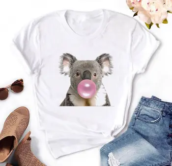 Koala Kramtomoji Guma Spausdinti Moterų marškinėliai Vasaros Harajuku Atsitiktinis Juokingi marškinėliai Balti Hipster Tee Marškinėliai Femme Vogue Viršų