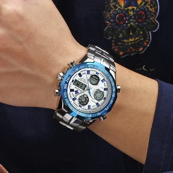 WWOOR vyriški Laikrodžiai Didelis Prabangos Prekės Vandeniui Sporto Chronograph Laikrodis LED Dial Dvigubas Ekranas Quarzt Nerūdijančio Plieno Vyrų Laikrodžiai