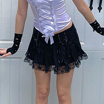 Harajuku Klostuotas Mini Sijonai Moterų Y2K Punk Kratinys Juoda Nėrinių Aukšto Liemens Sijonas, užrišti Tvarsčiu Preppy Stiliaus Moterų Drabužiai