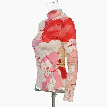 EWQ Moterų Plonas Raudonas Modelis Atspausdintas Temperamentas T-shirt Naujas Golfo ilgomis Rankovėmis Mados Banga Pavasario pavasario 2021 1DA398